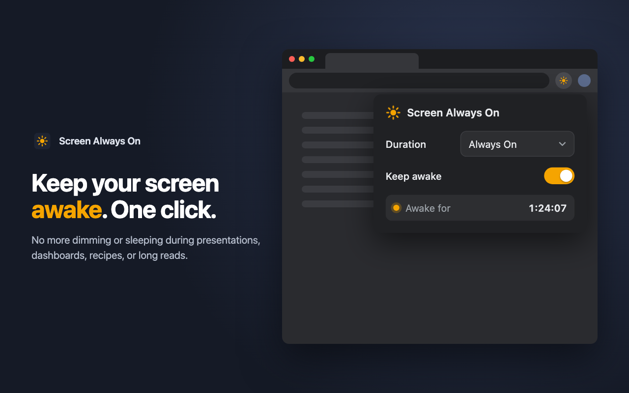 The Screen Always On popup with Keep awake switched on and a running timer